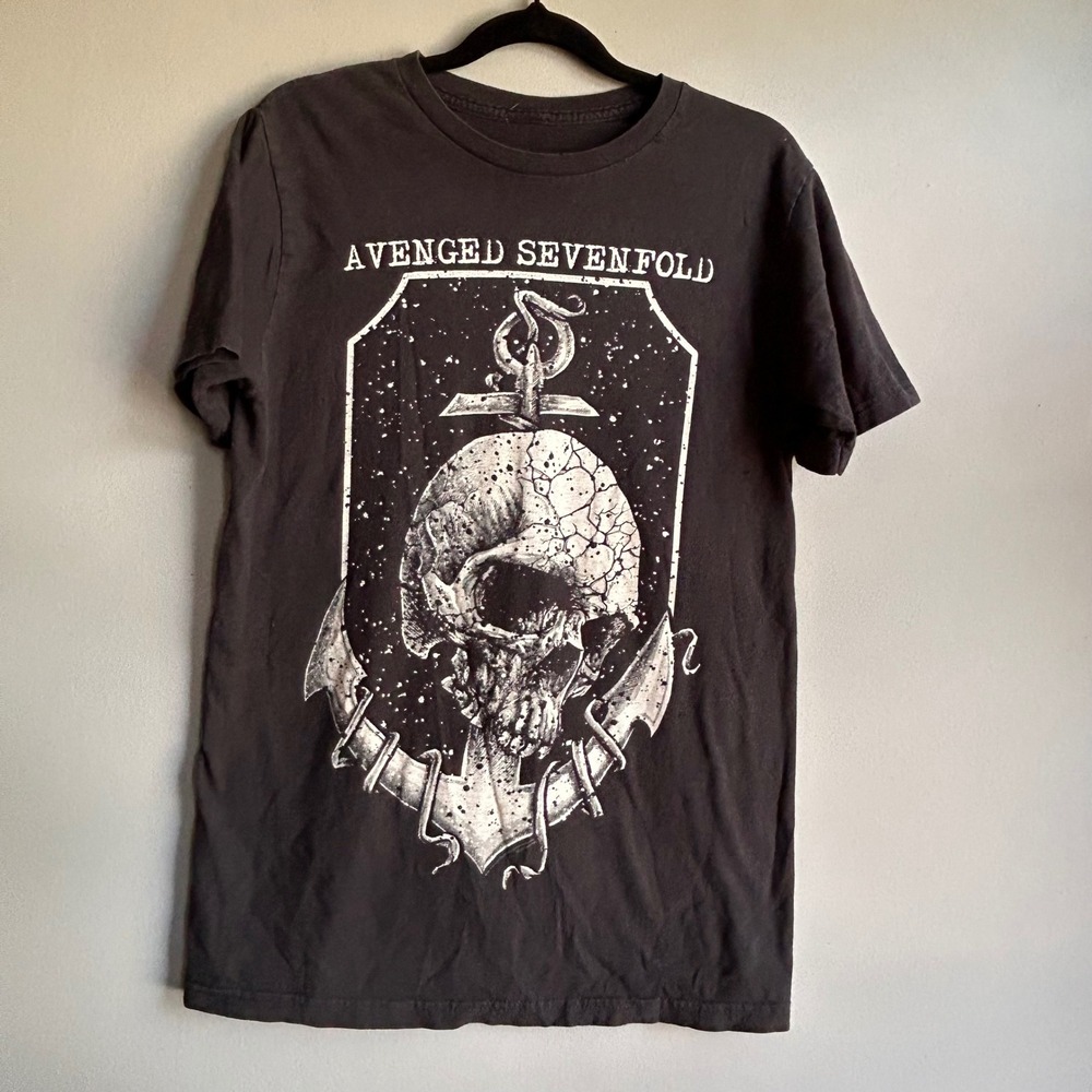 Avenged Sevenfold‎ Skull Anchor Graphic T-Shirt Mens Small Black Distressed Tee
